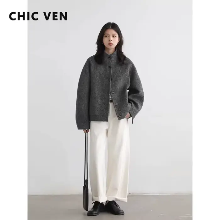 CHIC VEN Manteaux en Laine pour Femmes, Style Vintage Décontracté, Col Montant, Vestes Amples en Lai