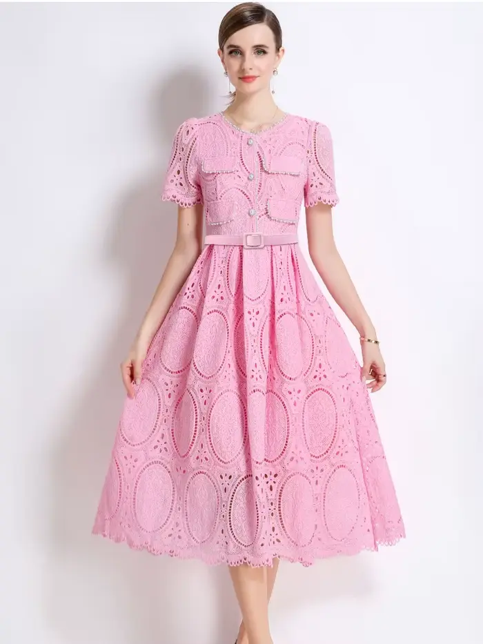 SMTHMA – robe élégante en dentelle, ajourée, perlée, haut de gamme, avec ceinture, col rond, manches