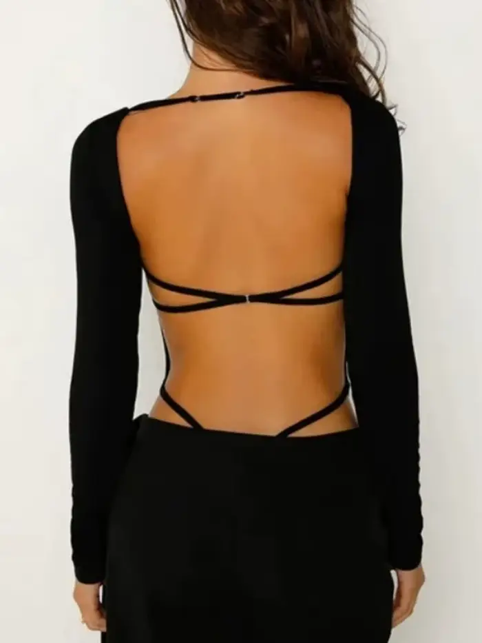 Dámské body s dlouhým rukávem, nahé záda, sexy topy, klubové oblečení, čtvercový límec, jeden kus, oblečení Y2k, spodní prádlo, ženské štíhlé tělo