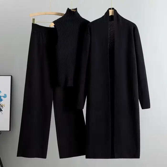 Ensemble trois pièces en polyester et viscose pour femme, style vintage, cardigan, pull et pantalon à jambes larges pour automne hiver
