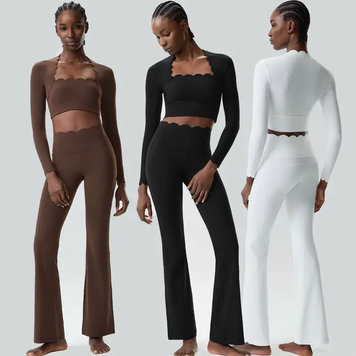 Ensemble de yoga fitness deux pièces pour femmes, couleur unie, manches longues, vêtements de sport
