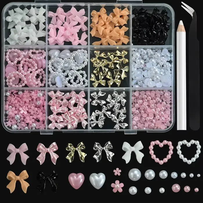 12 grilles 3D ruban multicolore fleur Nail Art breloques simulés pétales amour, nœud papillon en mét