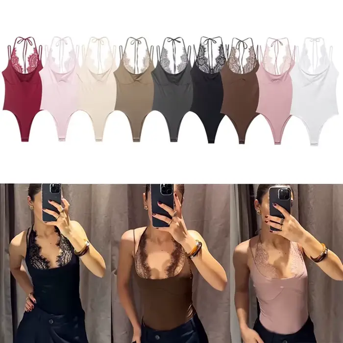 Nouveauté 2026 Combinaison Body Femme d'été en dentelle patchwork, coupe ajustée, sexy, dos nu, pour les vacances, style fourreau