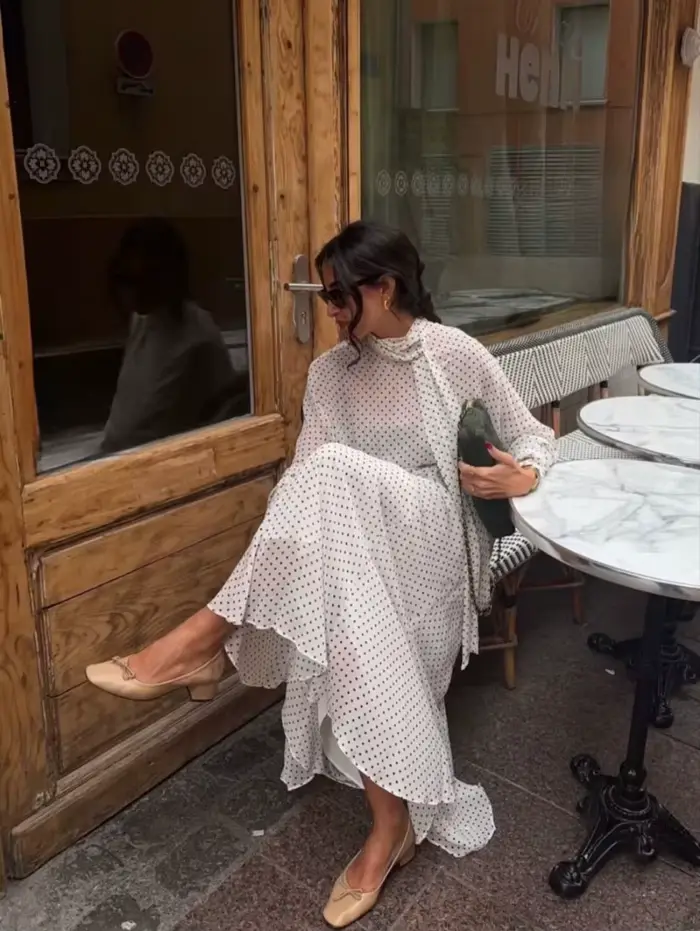 Ensemble jupe et chemisier à pois pour femme ETJ, collection Printemps 2026, col montant, manches ch