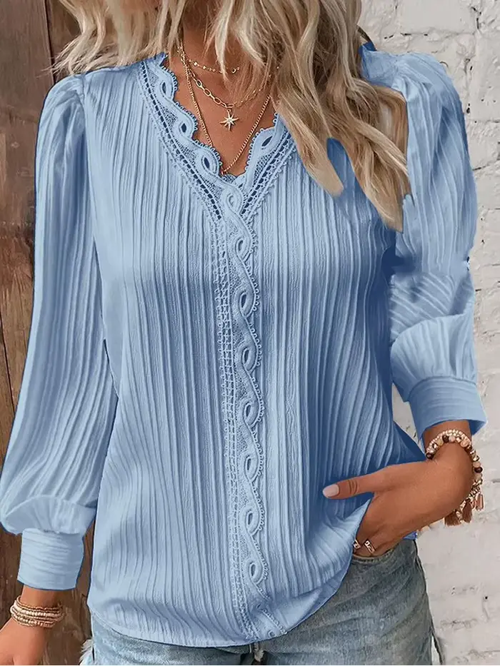 Chemise ample en dentelle pour femmes, col en v, manches longues, pull en mousseline de soie, haut d