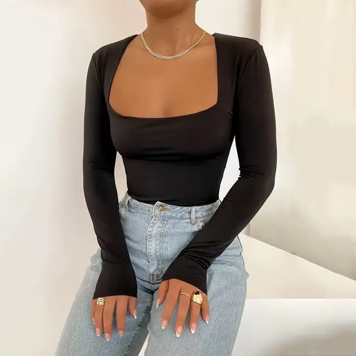 Dámské body s dlouhým rukávem 2024 streetwear těsný čtvercový límec žena základní černá body sexy korzet mujer