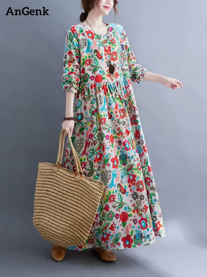 Robe Longue Femme en Coton Imprimé Floral Vintage à Manches Longues Printemps Automne 2026 – Décontr