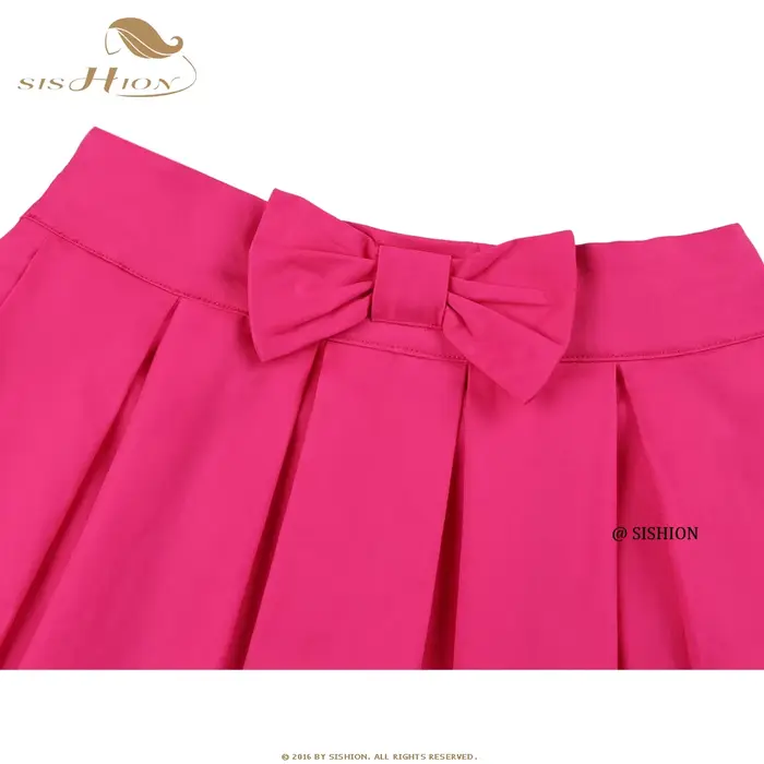 SISHION-Jupe plissée en coton pour femme, couleur unie, rose foncé, rouge, avec nœud, vintage, pour