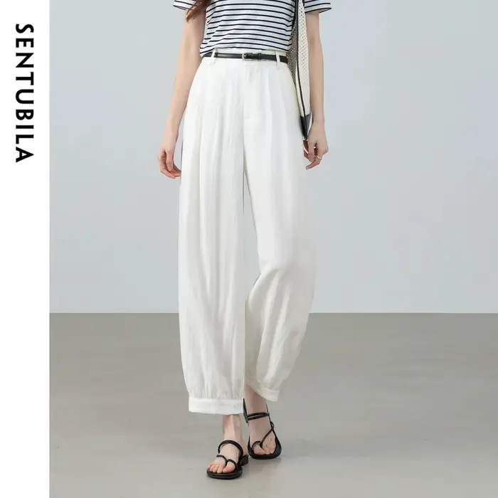 SENTUBILA Pantalon plissé blanc pour femme, style minimaliste, mode bureau, taille à double bouton, 