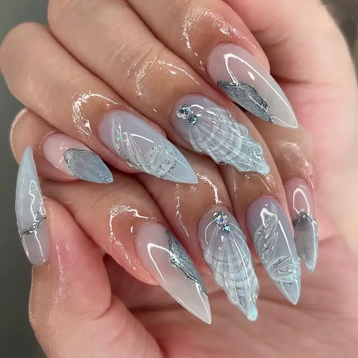 Faux ongles français longs à pression en amande, avec nœud rose, Design floral portable, manucure ov