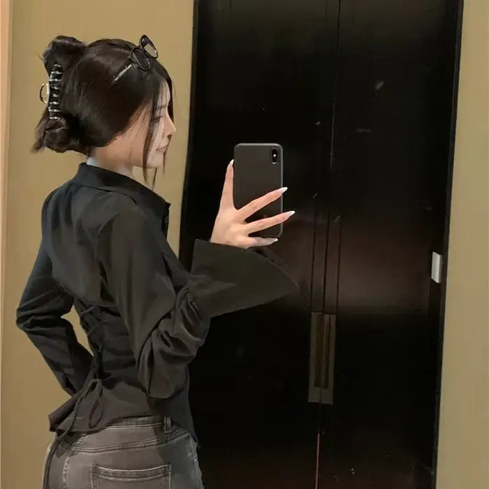 Chemisier slim à manches cloche pour femmes, chemises bandage coréennes, streetwear tout assressenti