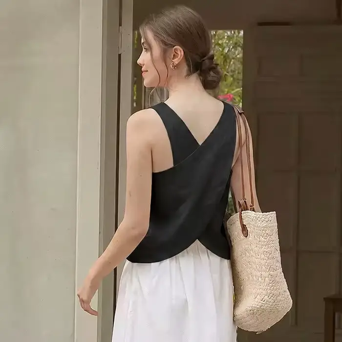 100% lněné dámské topy volnočasové pevné křížový zadní patchwork tílko letní