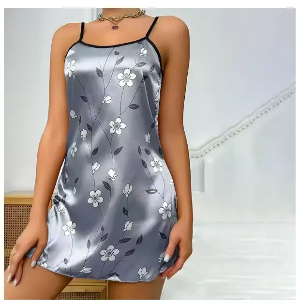 Sexy saténová noční košile pro ženy, noční prádlo, spodní prádlo, květinový potisk, mini šaty