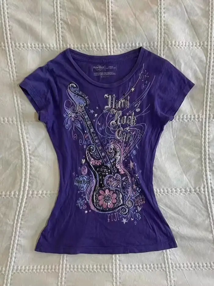 Femmes sous-culture Vintage violet imprimé T-Shirt été Y2k américain rétro mince t-shirts décontract