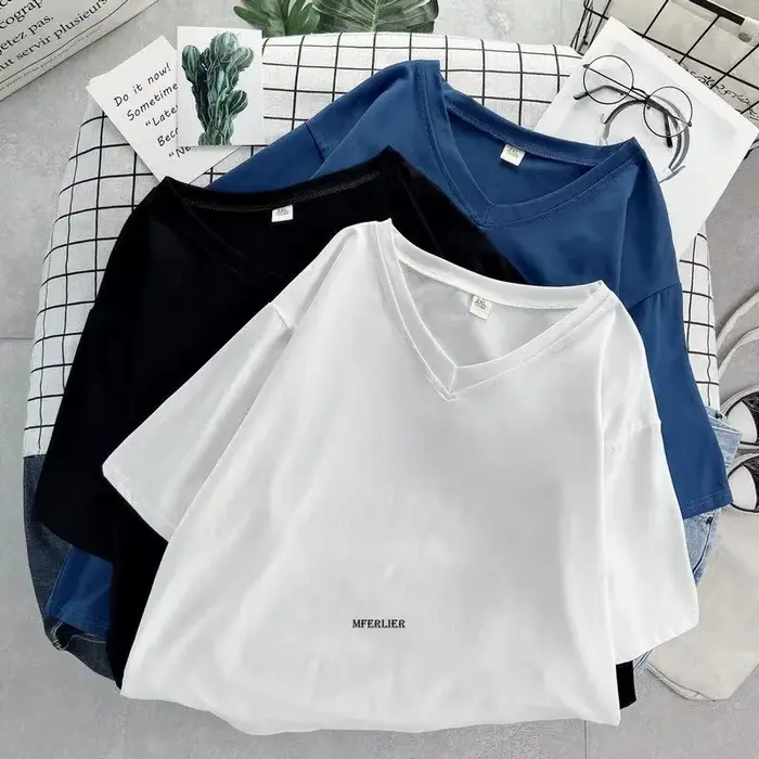 T-shirt manches courtes col V femme, estival et décontracté, en coton, noir, grande taille 6XL 150kg