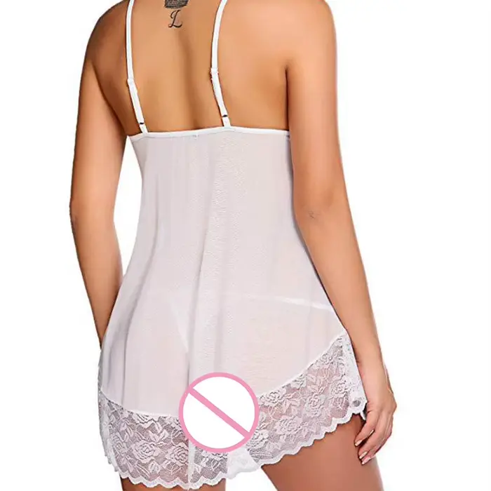 Robe de nuit sexy pour femme, lingerie en dentelle, nuisette érotique, robe à bretelles, pyjama transparent en maille, chemise de nuit