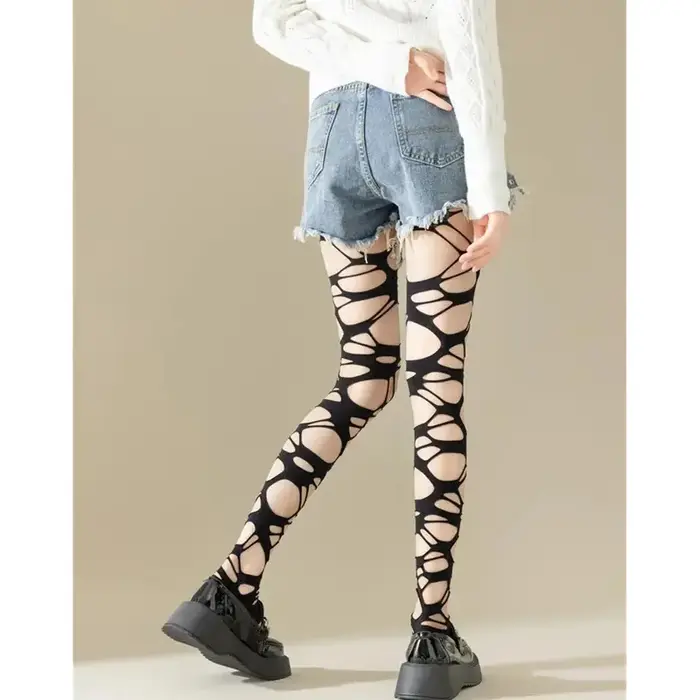 Sexy černé roztrhané síťované punčocháče pro ženy, gotické punkové prolamování, těsné síťované dna, legíny styl emo egirl streetwear
