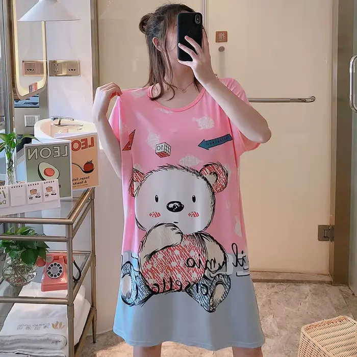 Chemise de nuit à manches courtes pour femmes et filles, chemise de nuit de dessin animé mignon, vêtements de nuit décontractés doux, chemise de nuit d'été, grande taille