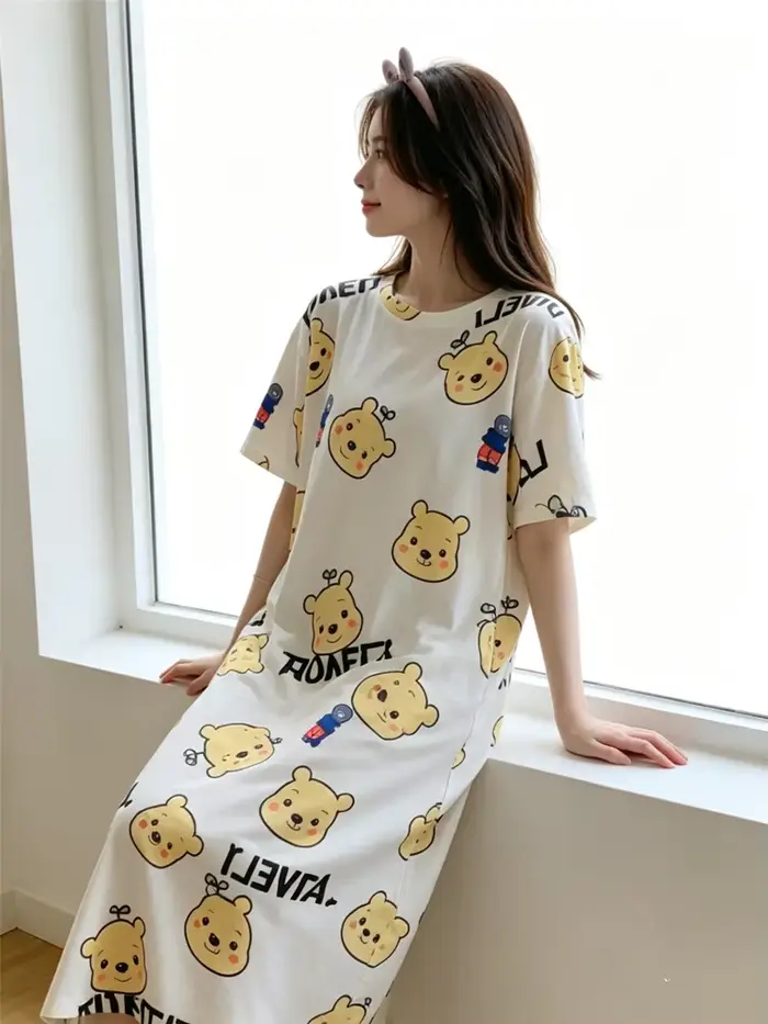 Dámská noční košile, korejská verze, dámské vnitřní oblečení, měkký styl, roztomilý kreslený vzor, volné a lehké pyžamo, Kawaii, prodyšné a ležérní
