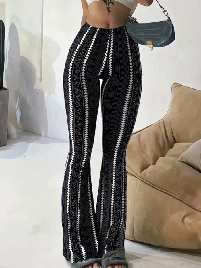 Dámské retro potištěné zvonové legíny Sexy přiléhavé kalhoty pro volný čas Street styl 2025 jaro léto