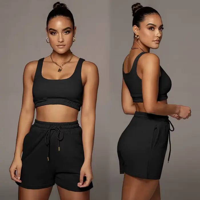 Ensemble haut court et short à cordon de serrage, débardeur de Fitness Sexy à col en U, short de mot