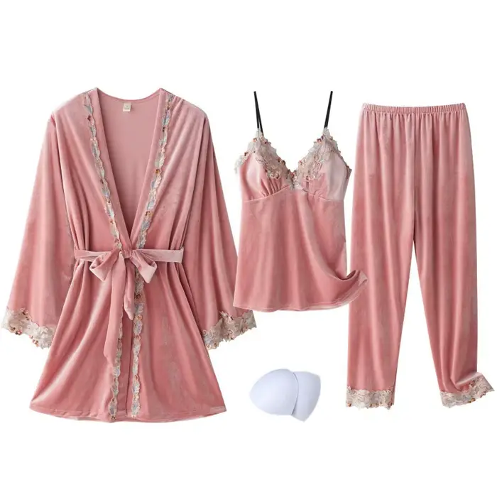 Nouveau velours pyjama costume femmes 3 pièces Robe chemise de nuit ensemble vêtements de nuit dame hiver velours chaud dentelle Folwer Kimono peignoir Robe 2025