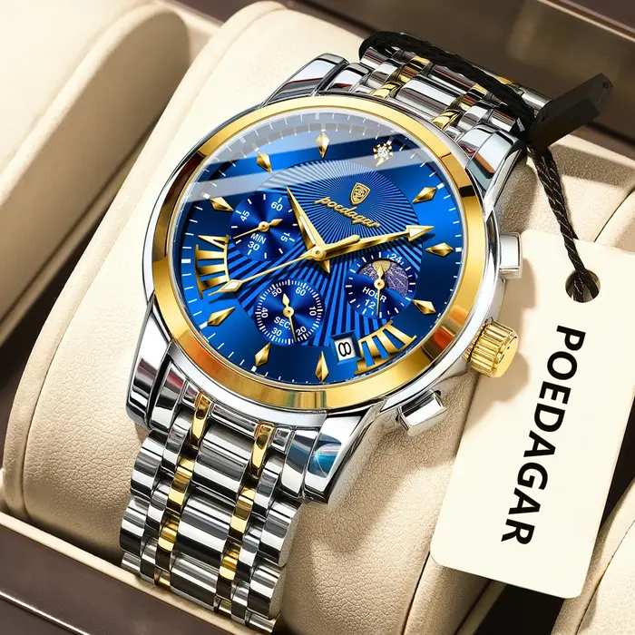 Montres POEDAGAR en acier inoxydable avec fonction lumineuse, date automatique et chronographe pour hommes occaions spéciales et tous les jours