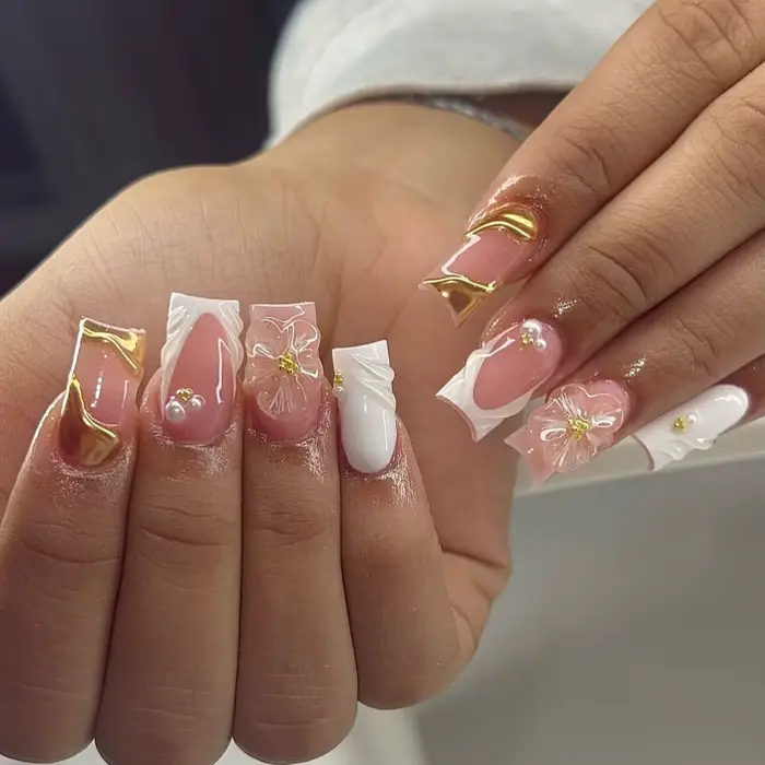 24 faux ongles à presser mi-longs, rose, style français, motif floral, réutilisables, avec perles, p