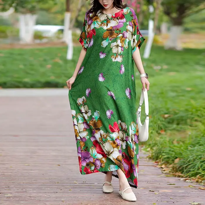 Vintage imprimé fleuri Robe Maxi femmes Boho à manches courtes longues ceintures Robe grande taille 