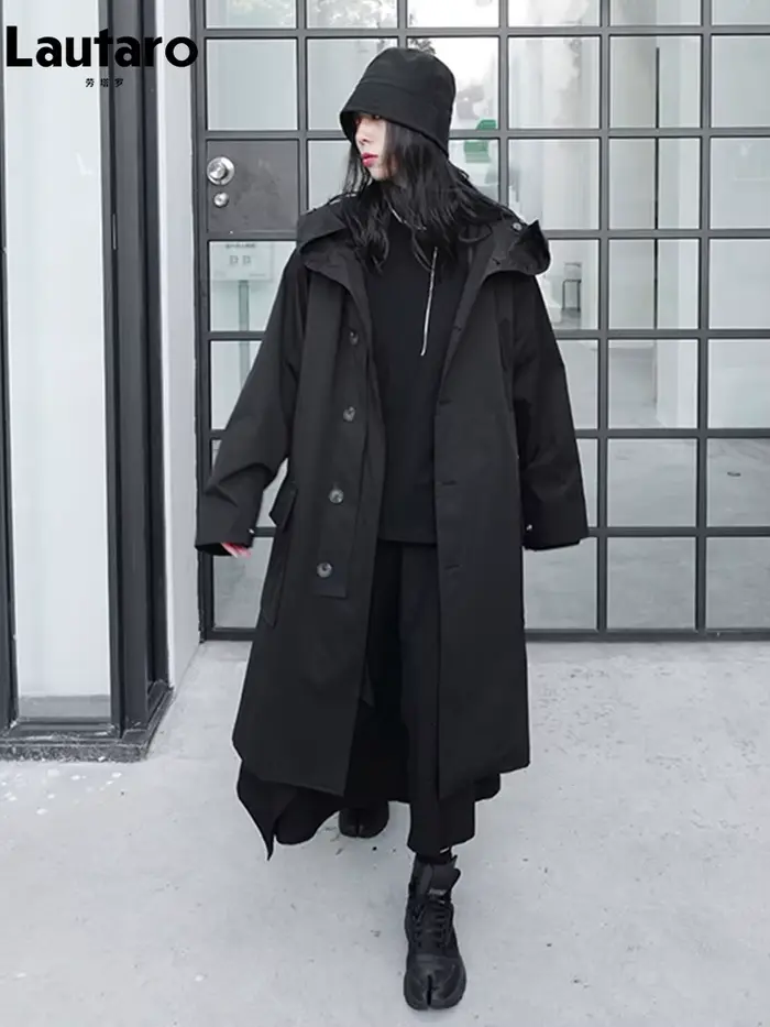 Lautaro-Manteau Long Respirant Noir avec Capuche pour Femme, Vêtements de Créateur de Luxe, Dark Aca
