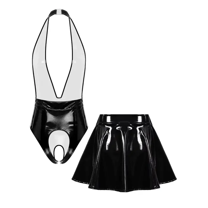 Sissy-Ensemble de lingerie en cuir pour femme, licou, entrejambe ouvert, batterie, mini jupe, vêtements de nuit tentants