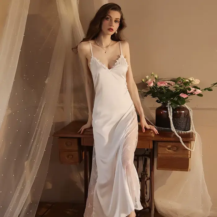 Noční košile pro ženy noční košile nové Sexy bez zad dlouhé noční košile tenké hedvábné krajky letní noční košile noční prádlo pro ženy pyžamové šaty