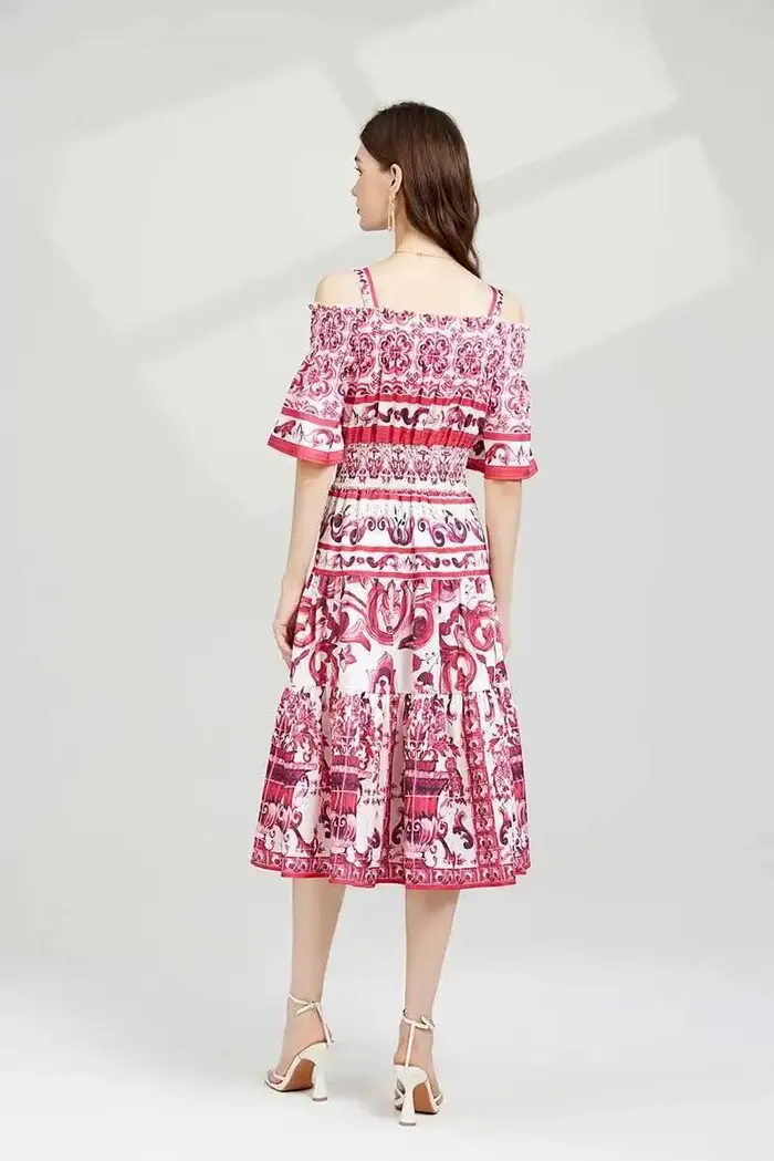Robe mi-longue en coton bleu et blanc avec imprimé porcelaine pour femme, robe de créateur de piste