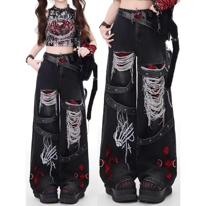 Americký styl pikantní dívčí volný líný a uvolněný džínový kalhoty ženy punk retro praný módní univerzální