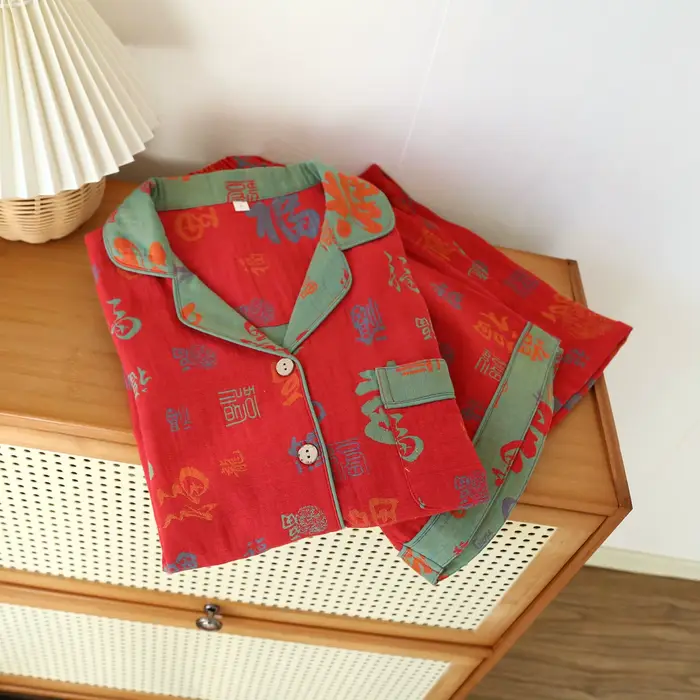 Retro dámské barvy tkané Jacquard pyžamo Set, krátký rukáv dlouhé kalhoty, tenký styl, vhodný pro domácí oblečení, jaro a léto