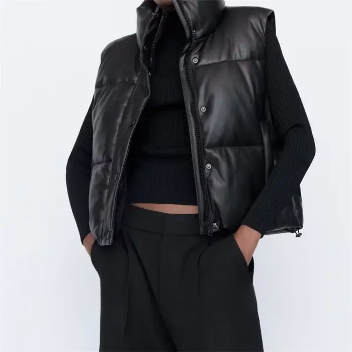 Veste en similicuir PU pour femme, gilet en duvet, PU noir, glaçure bouffante, parkas optiques, stre