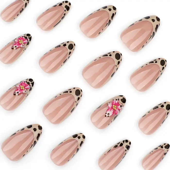 24 pièces marron français imprimé léopard presse sur ongles stéréo rose fleur conçoit automne faux o