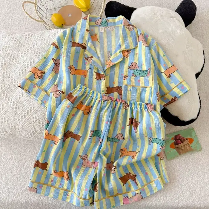 Pyjamas Kawaii Etoiles Pot de Chien Court Femme Occasions Spéciales Douceur Été