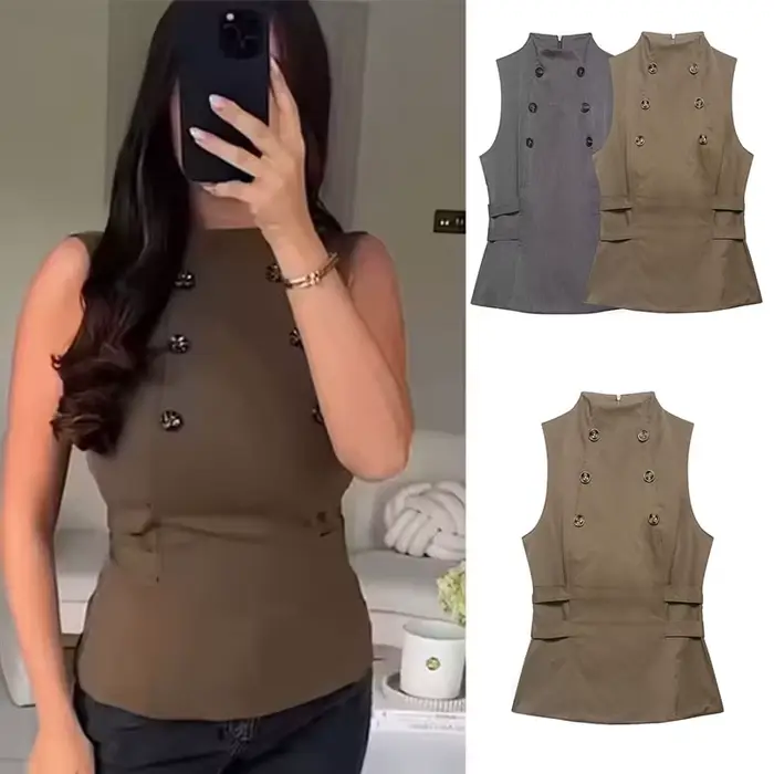 Gilet décontracté pour femme, bicolore, à double boutonnage, col montant, sans manches, cintré à la