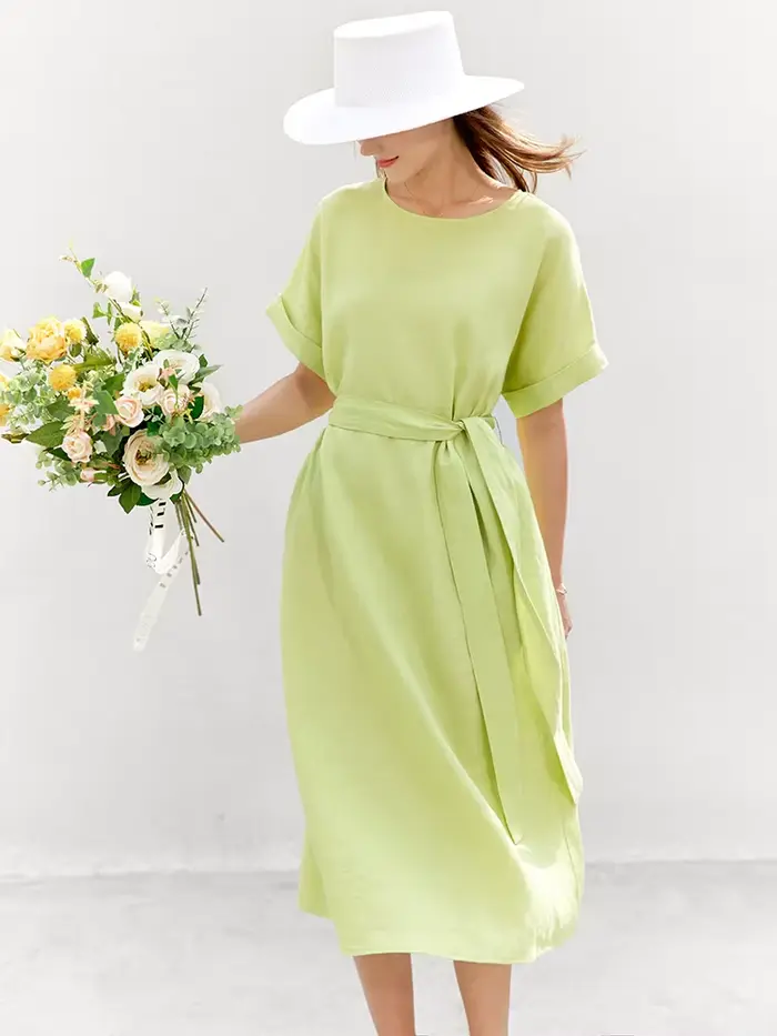 AMII-Robe minimaliste à col rond pour femmes, Niche de lin, Tempérament artistique, Robe éducative, 