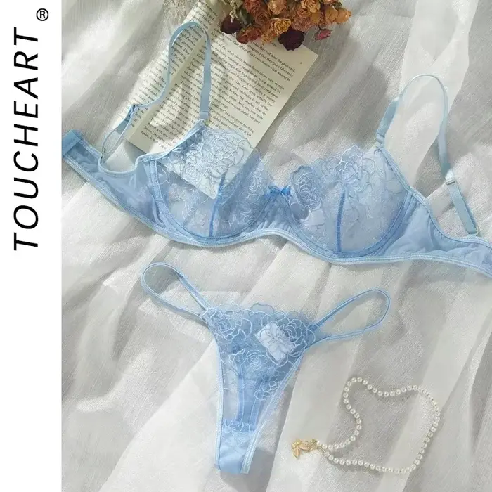 Toucheart 2 pièces ensemble de Lingerie Sexy pour les femmes Perspective érotique ensemble de soutien-gorge à fleurs Lingerie érotique femme sous-vêtements en dentelle ensemble de slip