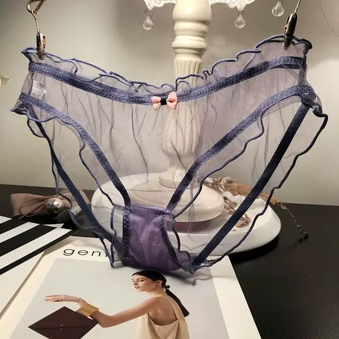 Dámské sexy průhledné kalhotky růžové s mašlí