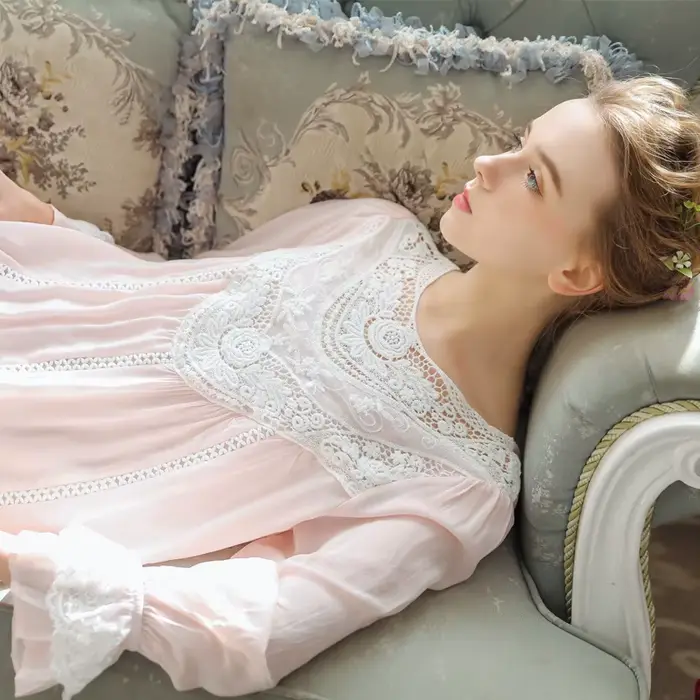 Romantické krajkové noční košile pro ženy, francouzský styl, víla noční košile, elegantní, dlouhé rukávy, bavlna, viktoriánské ležérní oblečení
