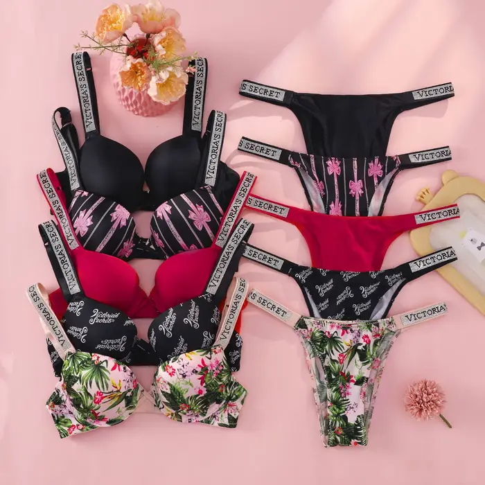 Dámská push-up podprsenka a kalhotky Victoria's Secret, ramínko s logem drahokamu, sexy krajkové spodní prádlo