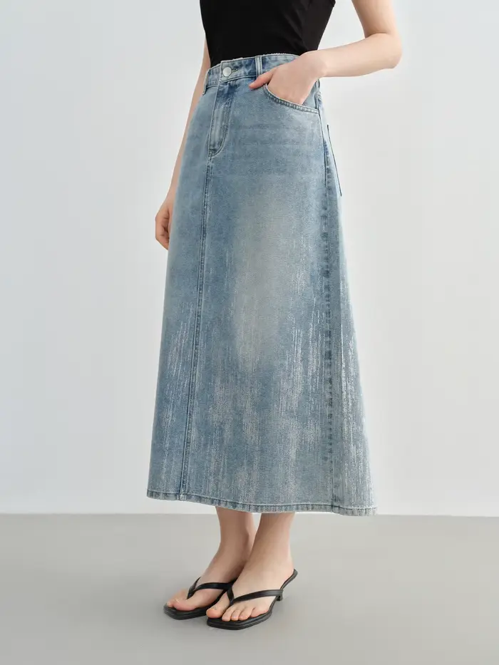 DUSHU taille incluse femmes mode argent pressé jupe en jean pour l'été 2025 taille haute minceur mi 