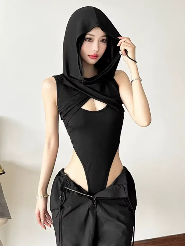 Body à capuche évider Lingerie corps Sexy Feminino sans manches une pièce Lenceria Femenina coupe ajustée haut Sexy femmes Streetwear