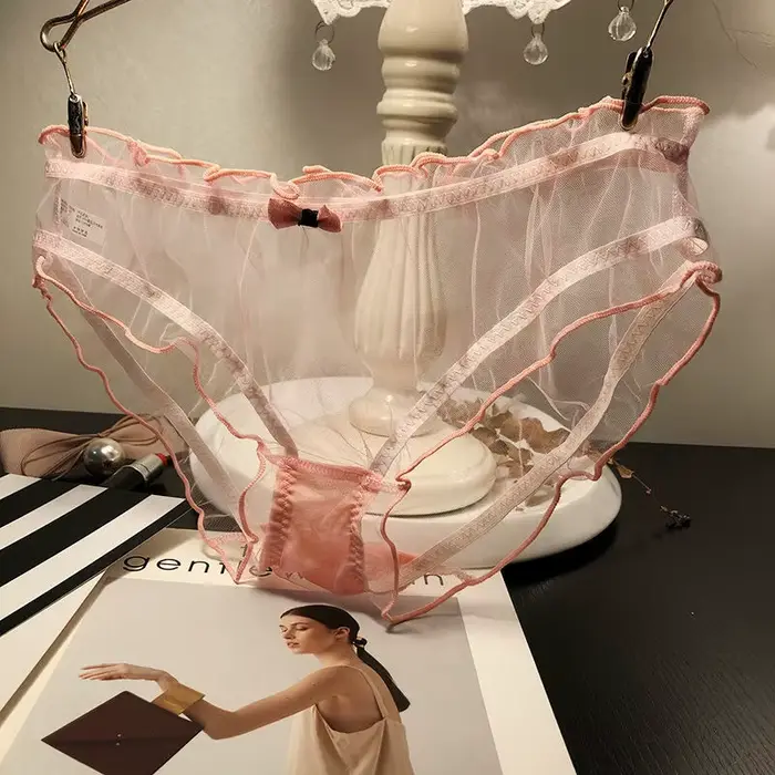 Dámské sexy průhledné kalhotky růžové s mašlí