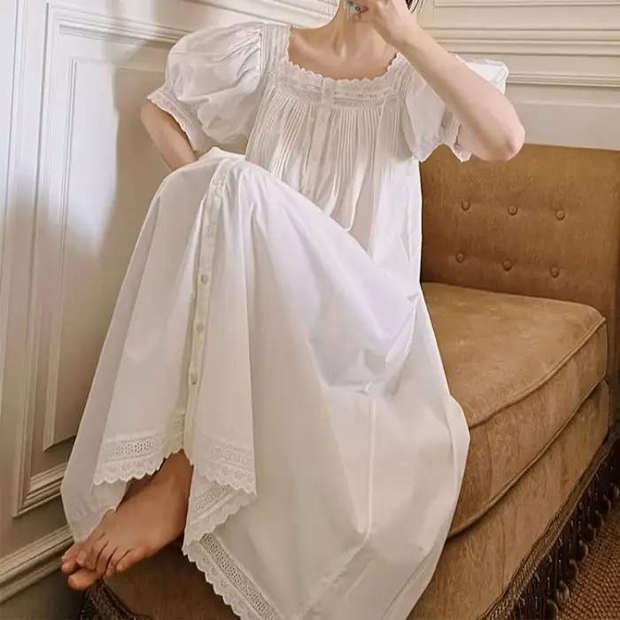 viktoriánské bílé noční košile pro ženy, čistá bavlna, krátké rukávy, dlouhé, Vintage, noční prádlo, princezna, léto