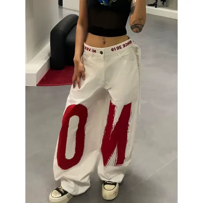 ZHIZOU femmes blanc lettre imprimer Y2k Baggy jean 2000s Style Denim pantalon Harajuku Vintage surdi