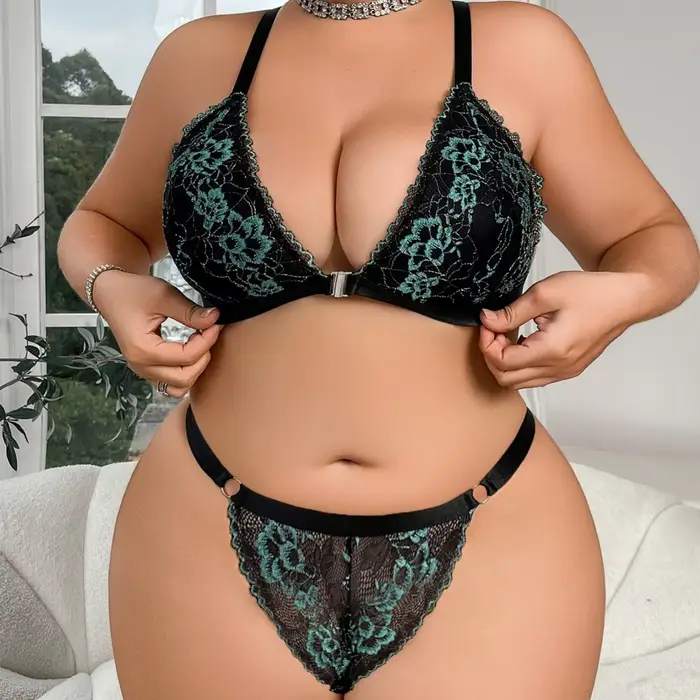 Dámské plus size sexy krajkové spodní prádlo s krajkovým lemem – podprsenka a kalhotky dvoudílná sada pohodlné velké